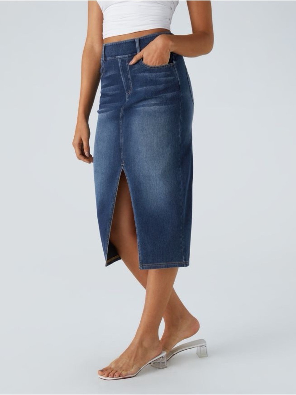 Halara Flex High Waisted Bodycon Denim Midi Skirt Pockets - Picture 3 of 9
